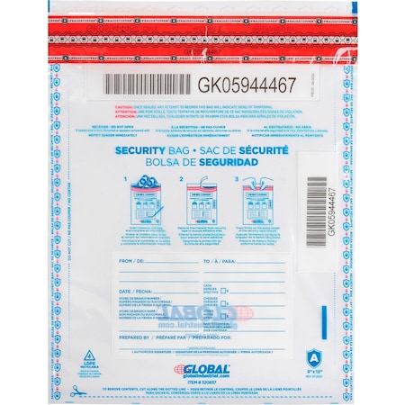Global Industrial FraudStopper Tamper Evident Deposit Bag, 9W x 12H, Clear, 100PK 320837